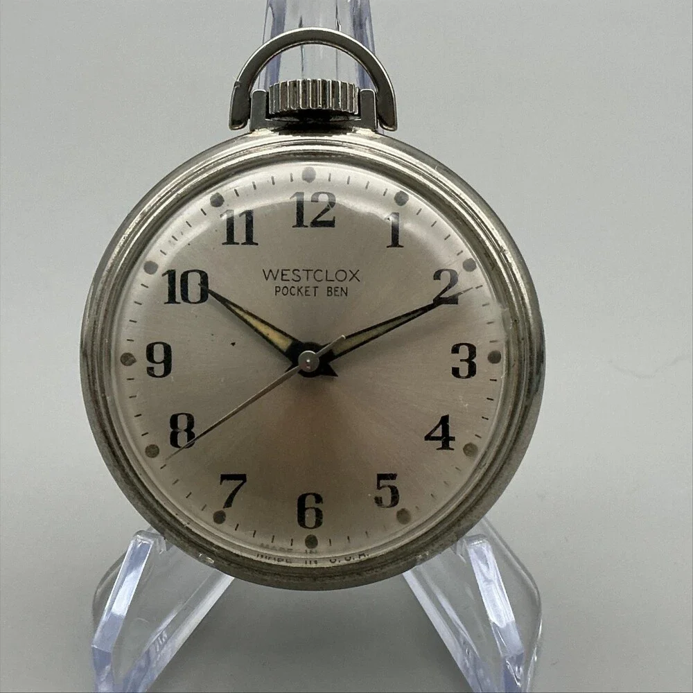 Vintage Westclox Pocket Ben Pocket Watch Men 50mm Silver Tone Manual Wind